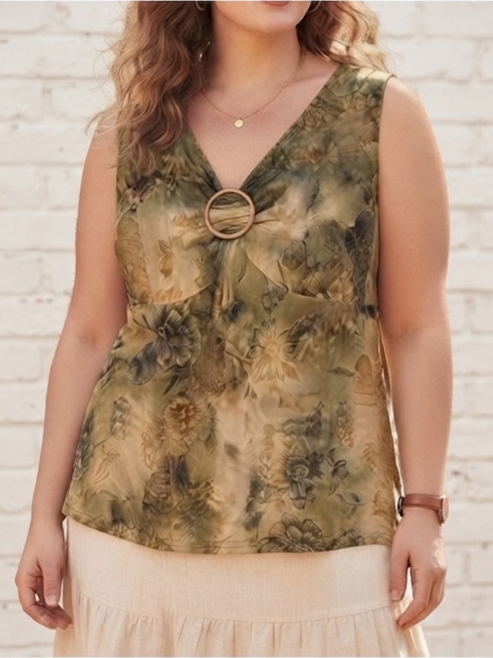 Vintage 90s Y2K Fairycore Boho Whimsy Earth Tones Floral Foliage Green Tank Top